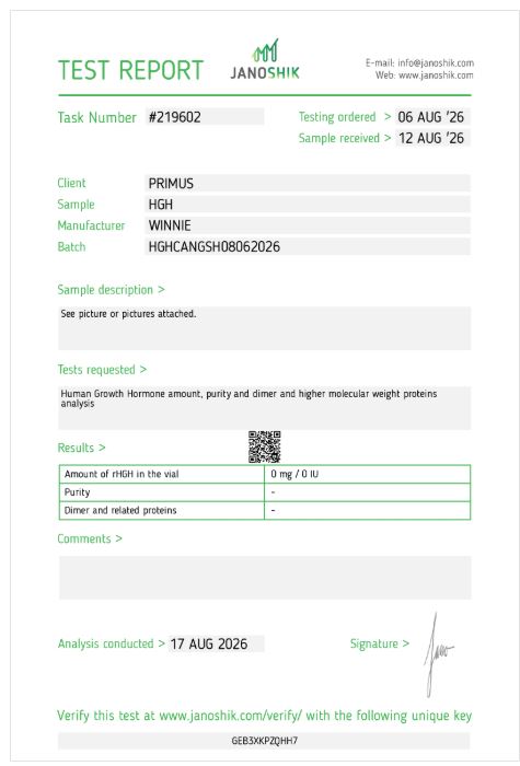 Janoshik independent laboratory test report, task 219602, showing 0 mg / 0 IU rHGH